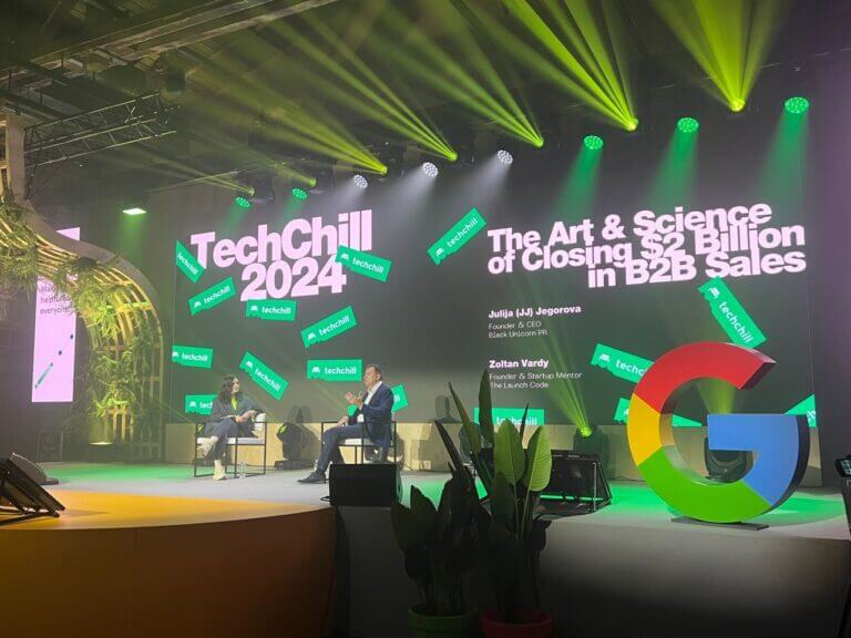 JJ Jegorova and Zoltan Vardy on stage at TechChill